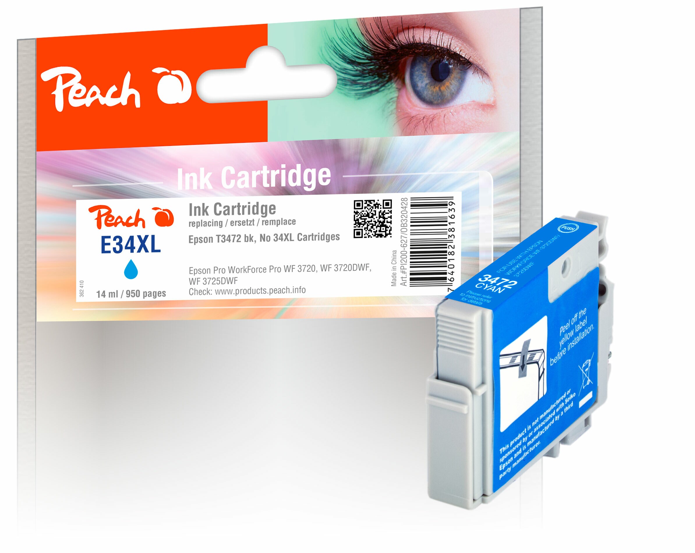 Peach E34Druckerpatrone XL cy ersetzt Epson T3472, No. 34XL c, C13T34724010 für z.B. Epson WorkForce Pro WF -3700, Epson WorkForce Pro WF -3720