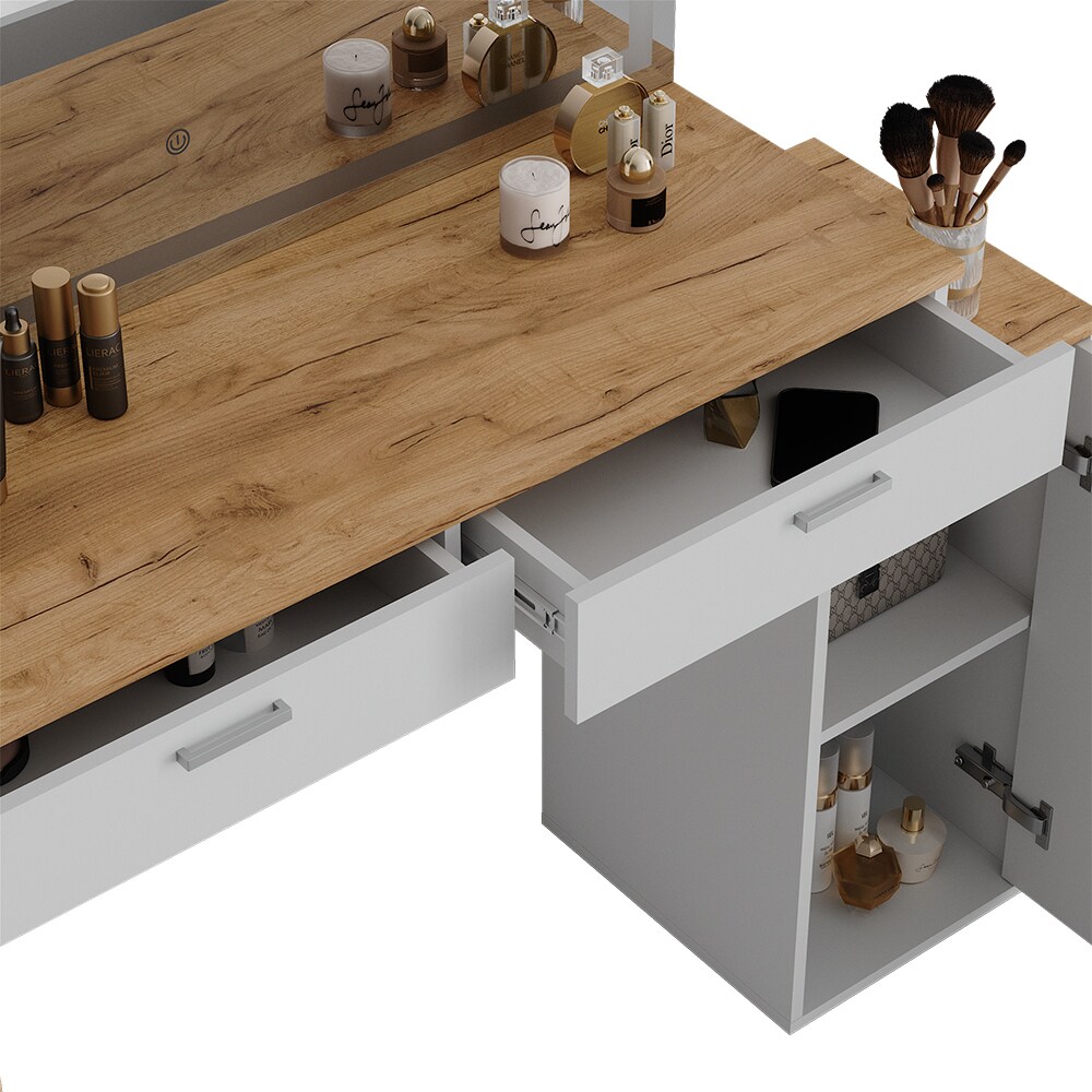 Vicco Schminktisch Regina Weiß Eiche 130 cm mit LED-Spiegel