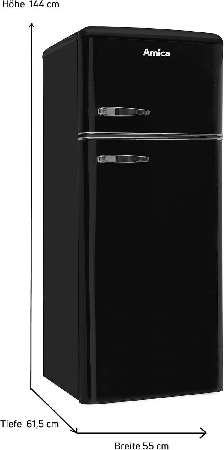 Amica KGC 15634 S Retro Kühl-/Gefrierkombination / Black Olives (Schwarz) / 144cm (H) x 55cm (B) x 62cm (T) / Retro-Design / Kühlschrank mit Gefrierfach