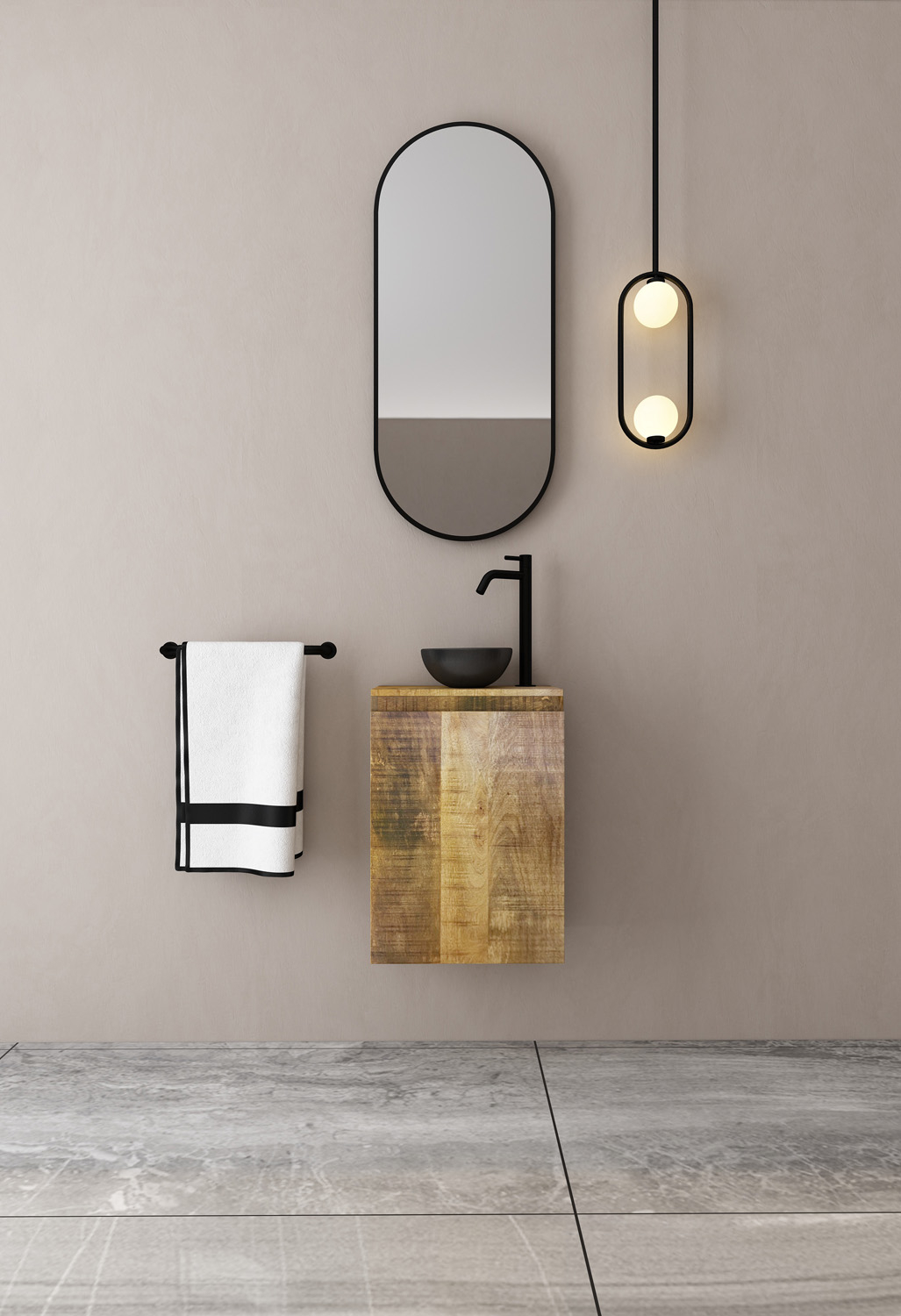 MD Interior Bello toiletmeubel mangohout met zwarte waskom links