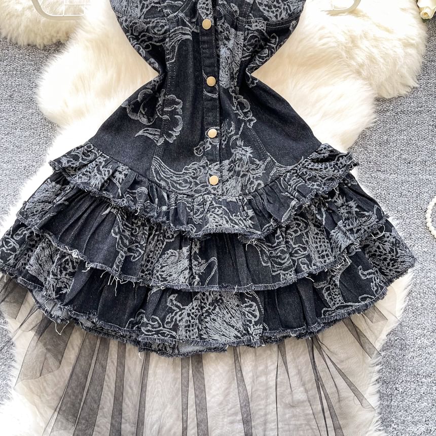 Lucuna - Asymmetrische mouwloze, een-schouder, gebloemde, gelaagde, geplooide, knoopsluiting, mesh mini-A-lijn denimjurk