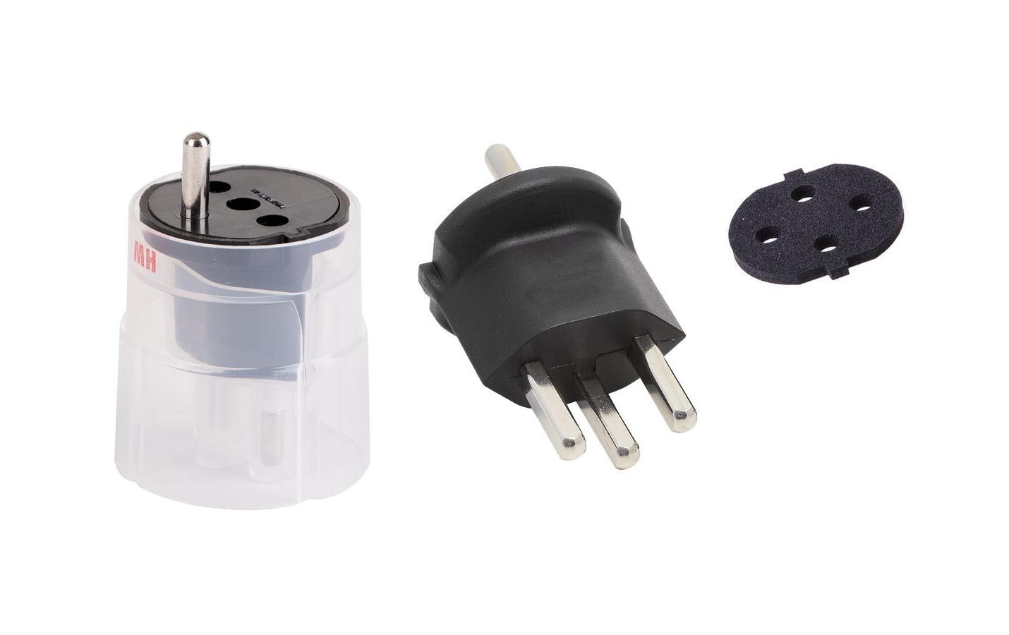 Fixadapter Schuko – T23 IP44, SchwarzFixadapter 3-Pol Deutscher Schuko Stecker auf Schweizer T23 Stecker