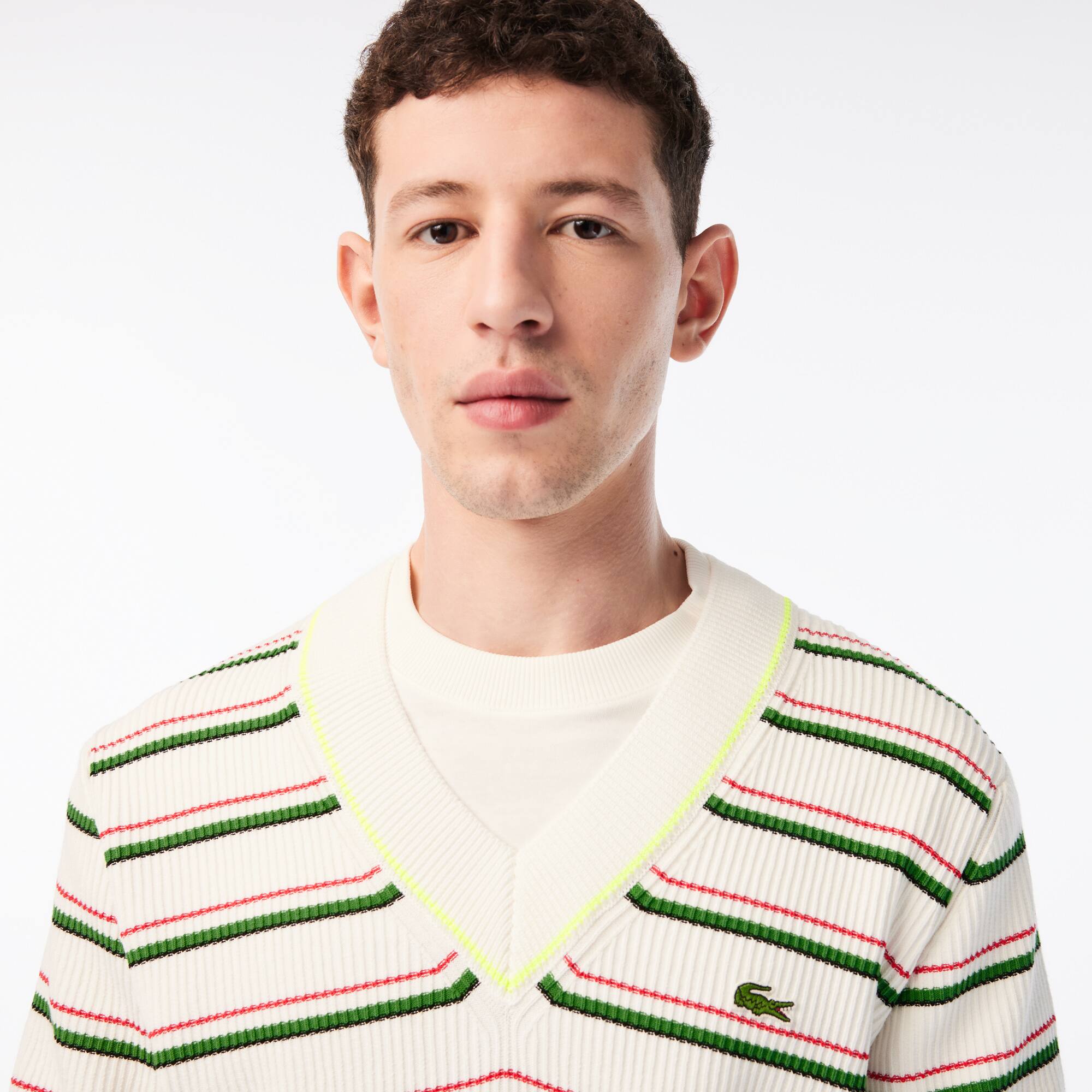 Herren LACOSTE Pullover mit V-Ausschnitt und Streifen, in Frankreich hergestellt Pullover - Weiss - Lacoste - Herren