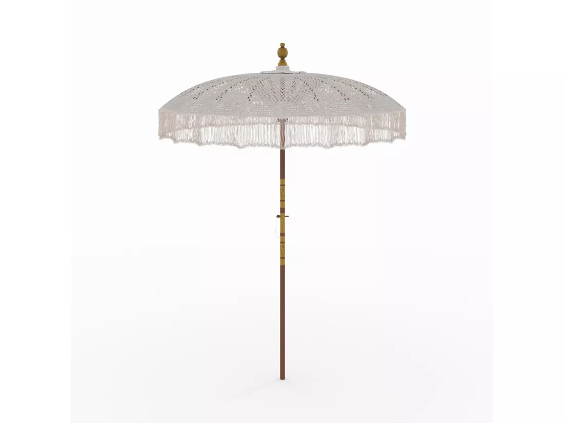 Ensemble parasol en macramé et pied de parasol en bois de suar - Fakélé