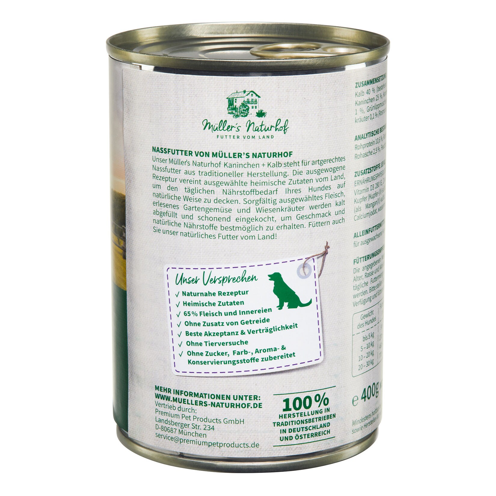 Müllers Naturhof Hundenahrung Kalb & Kaninchen 400 g, 6er Pack