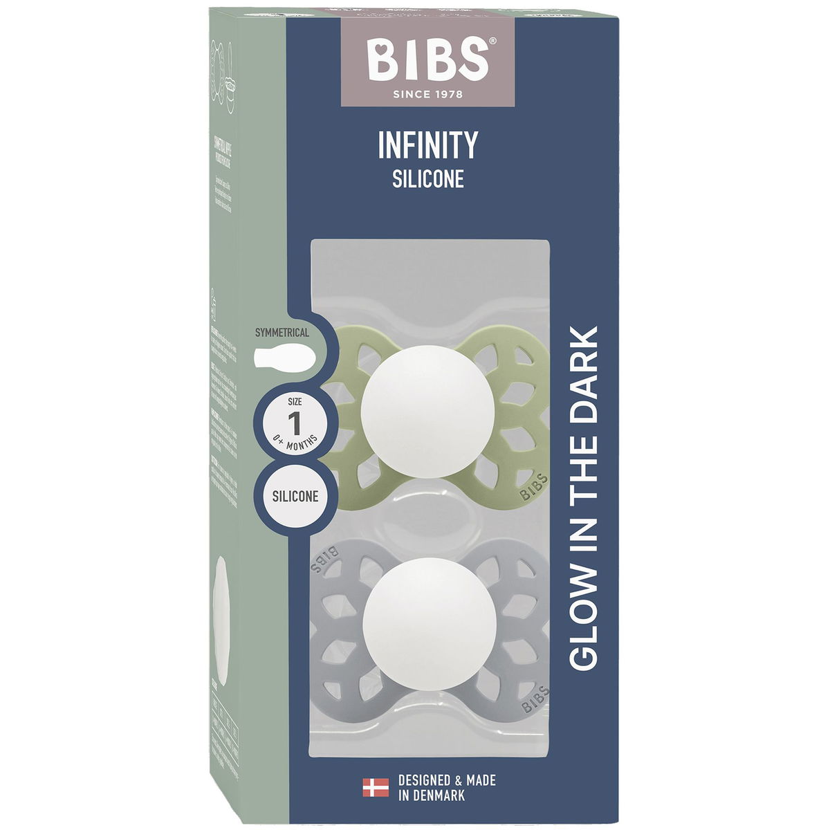 BIBSBIBS   Schnuller Infinity Glow Silikon Symmetrical 2er Pack sage/cloud 0-6M