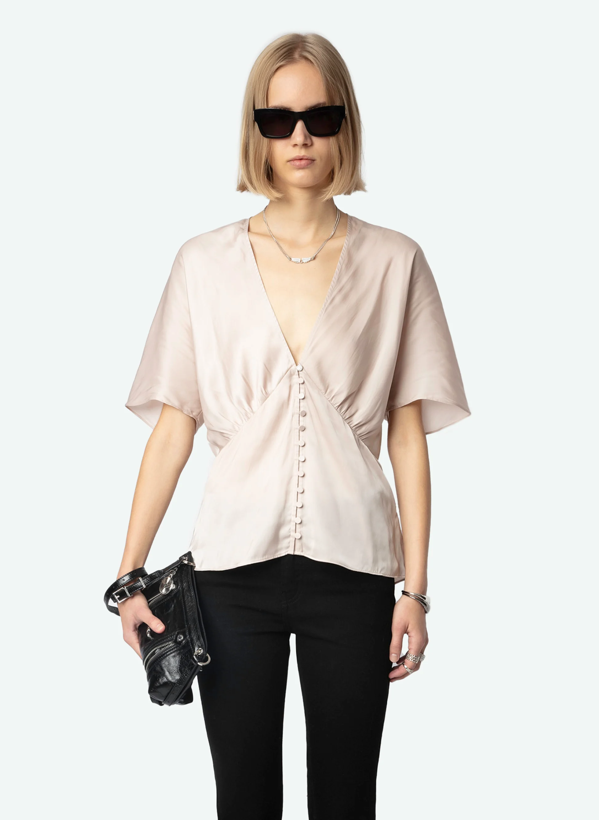 THODRI - Top col V droit en fibres recyclées mélangées | Rose