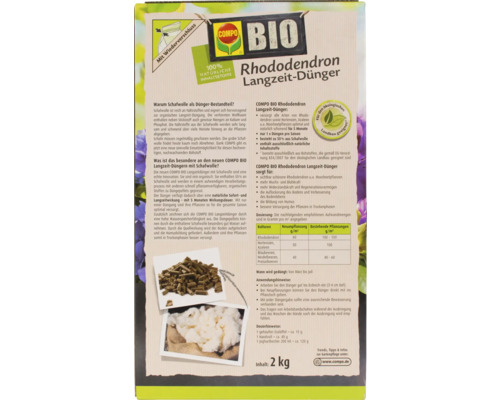 COMPO BIO langzaamwerkende meststof voor rododendrons en hortensia's met schapenwol, 100% natuurlijke ingrediënten, 2 kg, 5 maanden langdurig effect
