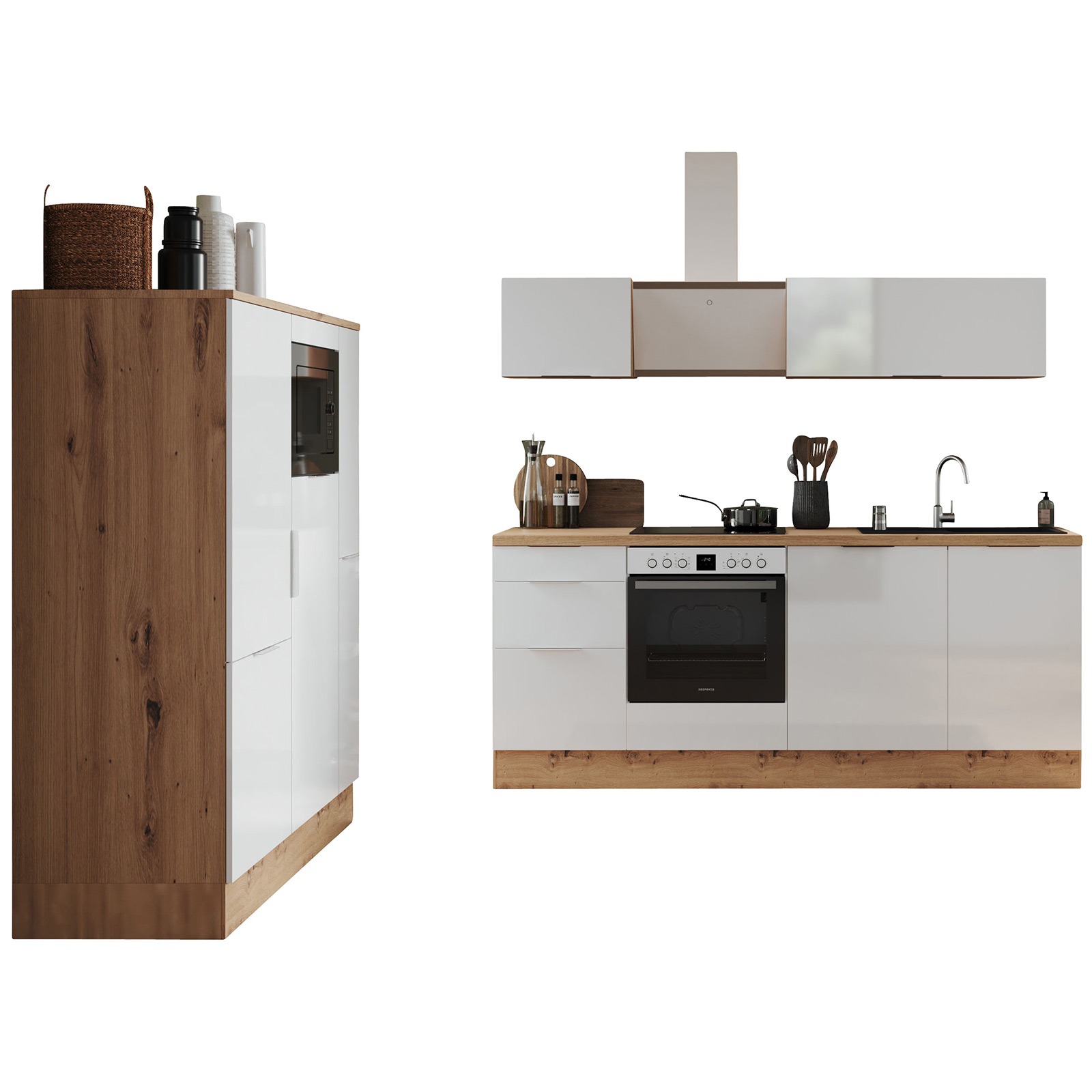 RESPEKTA Küchenblock - weiß Hochglanz - Artisan Eiche - mit E-Geräten - 370 cm