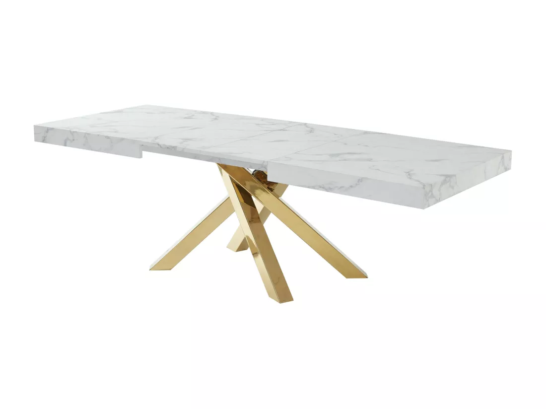 Table à manger extensible 6 à 10 personnes en MDF et métal - Effet marbre blanc et doré - CATONAV