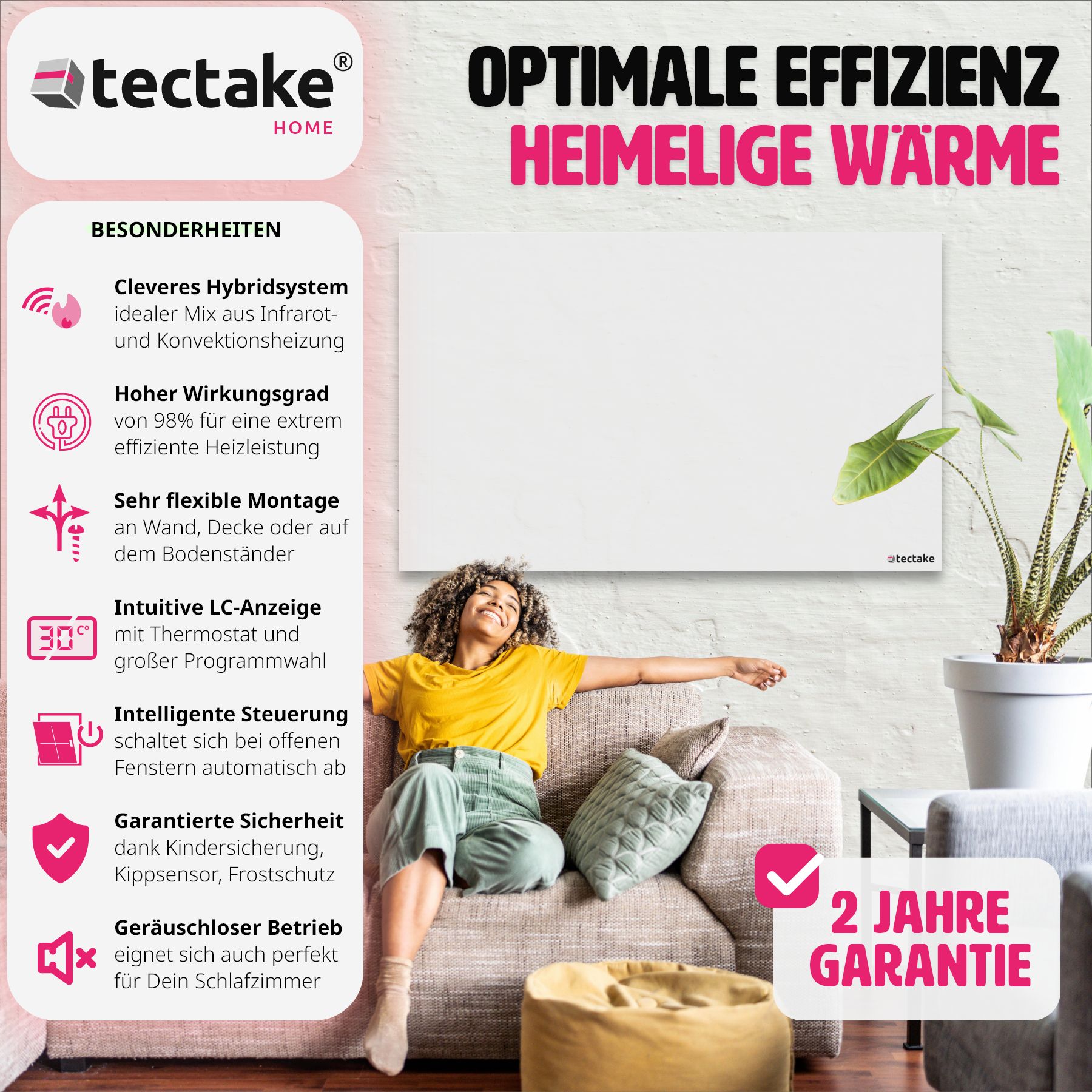 tectake® Hybrid Infrarotheizung, rahmenlos mit Thermostat, Überhitzungsschutz, einfache Wand- oder Deckenmontage, inklusive Ständer