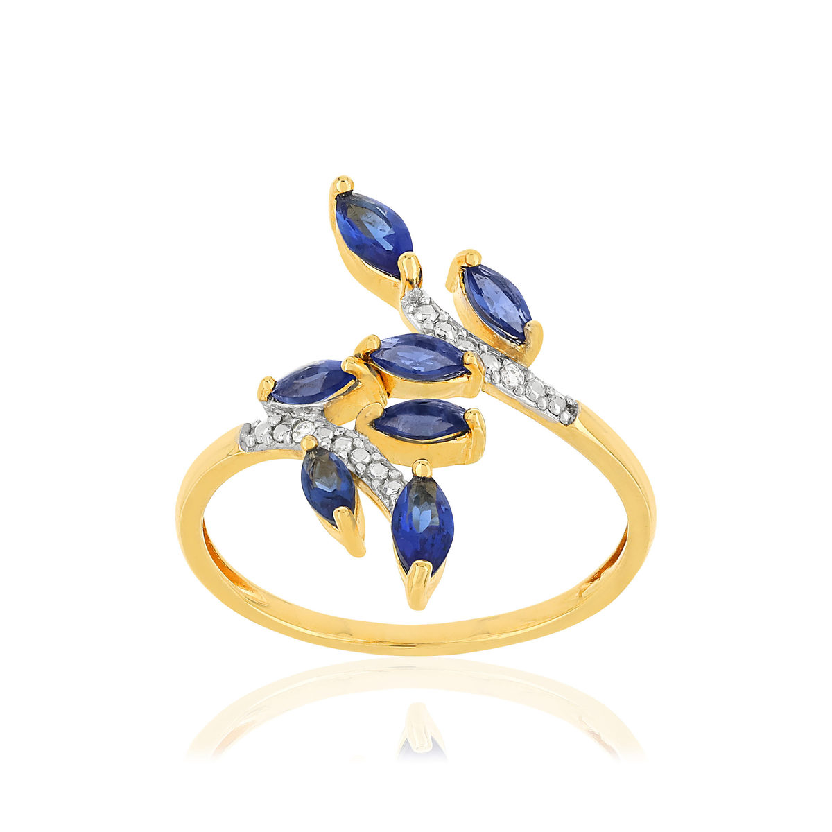 Bague or 375 2 tons feuilles saphirs taille marquise et diamants