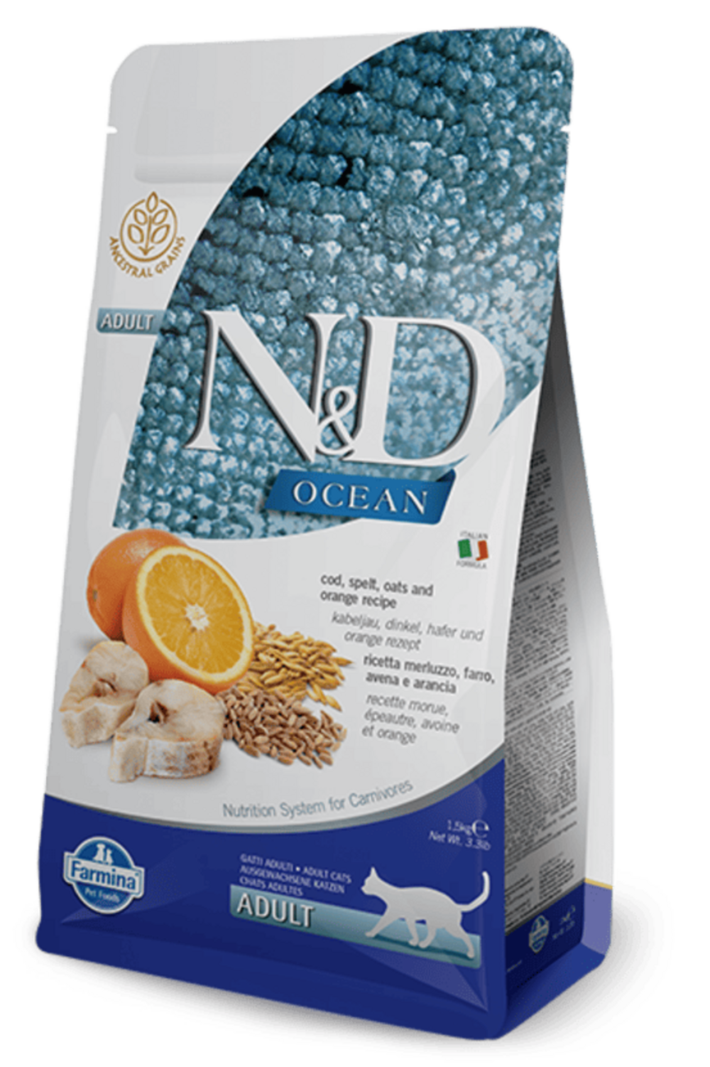 Croquettes n&d ocean morue, epeautre, avoine & orange chat 5 kg