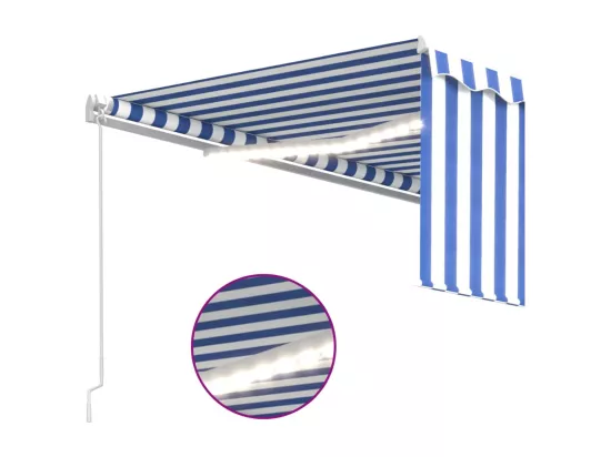 Auvent manuel rétractable avec store et LED 4,5x3 m Bleu blanc