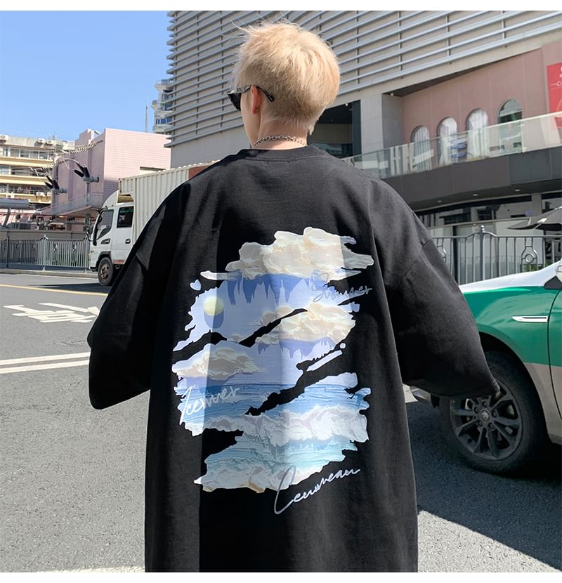 Ayuyel - T-shirt met korte mouwen, ronde hals en wolkenprint