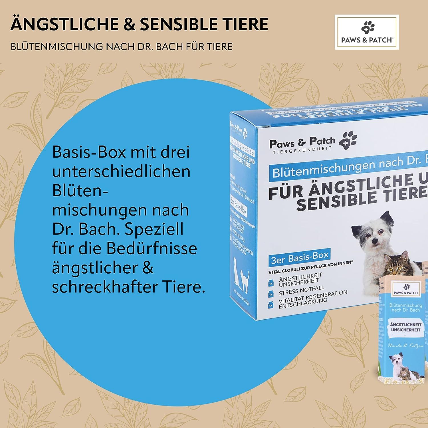 PAWS&PATCH Blütenmischung nach Dr. Bach 3er Basis-Box für ÄNGSTLICHE & SENSIBLE TIERE