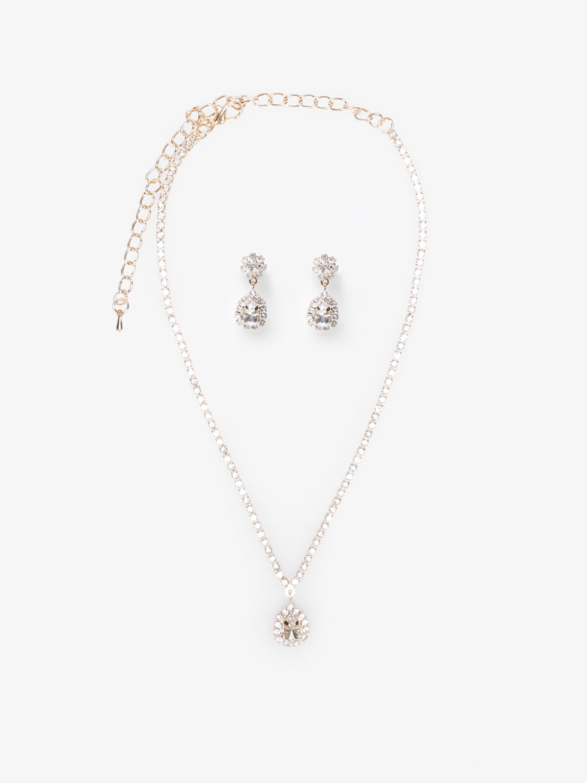 Parure collier et boucles à strass et pendentif goutte- Doré