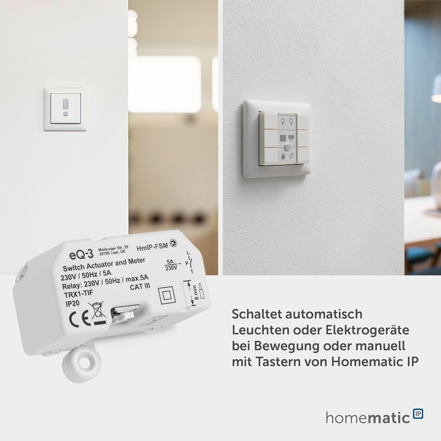 Homematic IP Schalt-Mess-Aktor – Unterputz, Packung mit 5, Smart Home, Aktor misst Strom, steuert Geräte und Leuchten per App, Alexa &  Home, Energie sparen, 142721A0