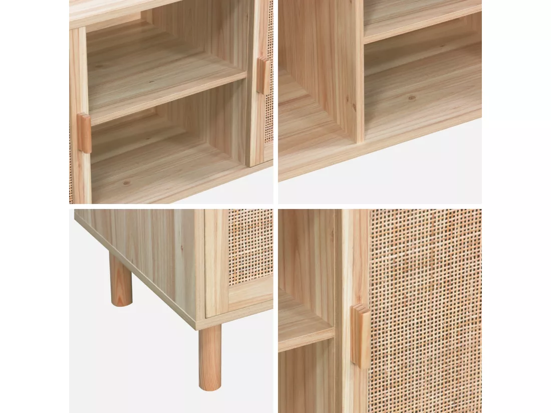 Meuble TV cannage et effet bois. 2 portes et 1 étagère. 120cm