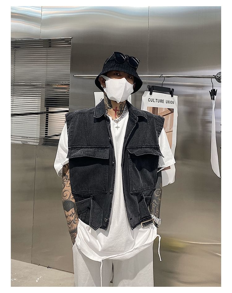 WidoWilder - Gewassen denim vest met kraag en knopen