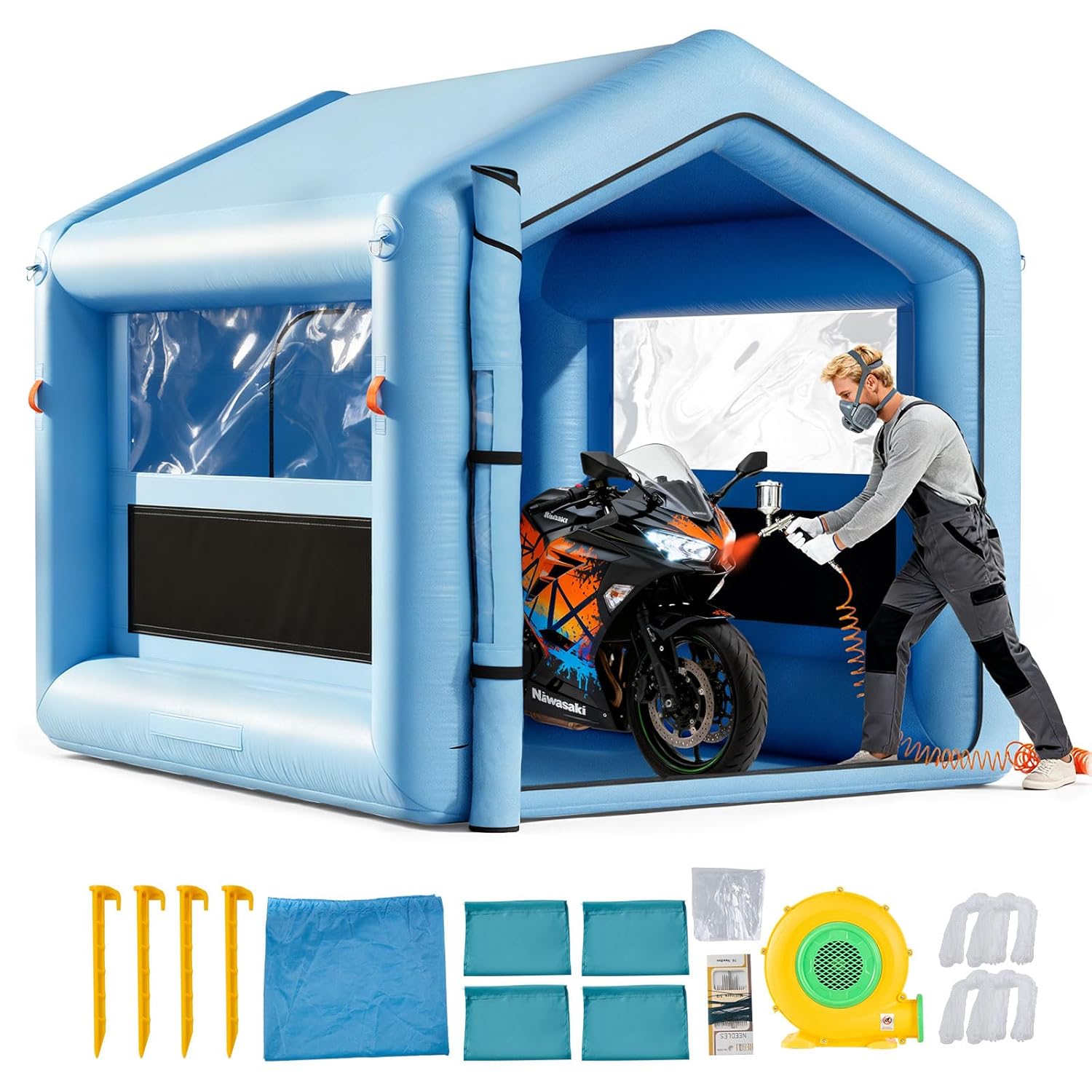 VEVOR aufblasbare Lackierkabine Spritzkabine 3 x 2,5 x 2,5 m, Lackierkabinenzelt mit 550 W Gebläse & Luftfiltersystem & klarem Fenster, Dreieckdach, 210D Oxford-Gewebe, Spritzlackierung Blau