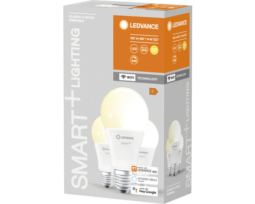 Ledvance Smart WIFI LED-lampen, dimbaar, A100 E27/14W (100W), mat, 1521 lm, 2700 K warm wit, 3-pack