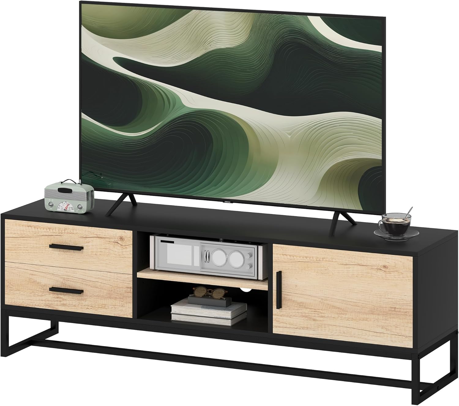 HOMCOM TV Schrank TV Board mit Schrankfach, Schubladen und 2 offenen Fächern, TV Lowboard 140 cm lang mit Kabelmanagement für Fernseher bis 60 Zoll für Wohnzimmer, 140x35x45cm Schwarz