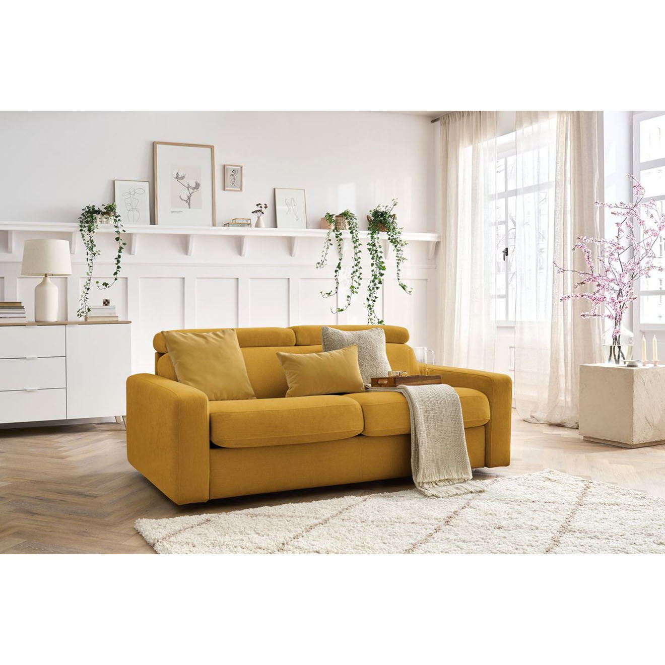 Bobochic Canapé convertible monaco ouverture express tissu lisse jaune - 195x99 cm