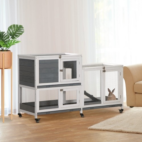 Gaiola de madeira cinza para coelhos PawHut, com rodas, para uso externo.