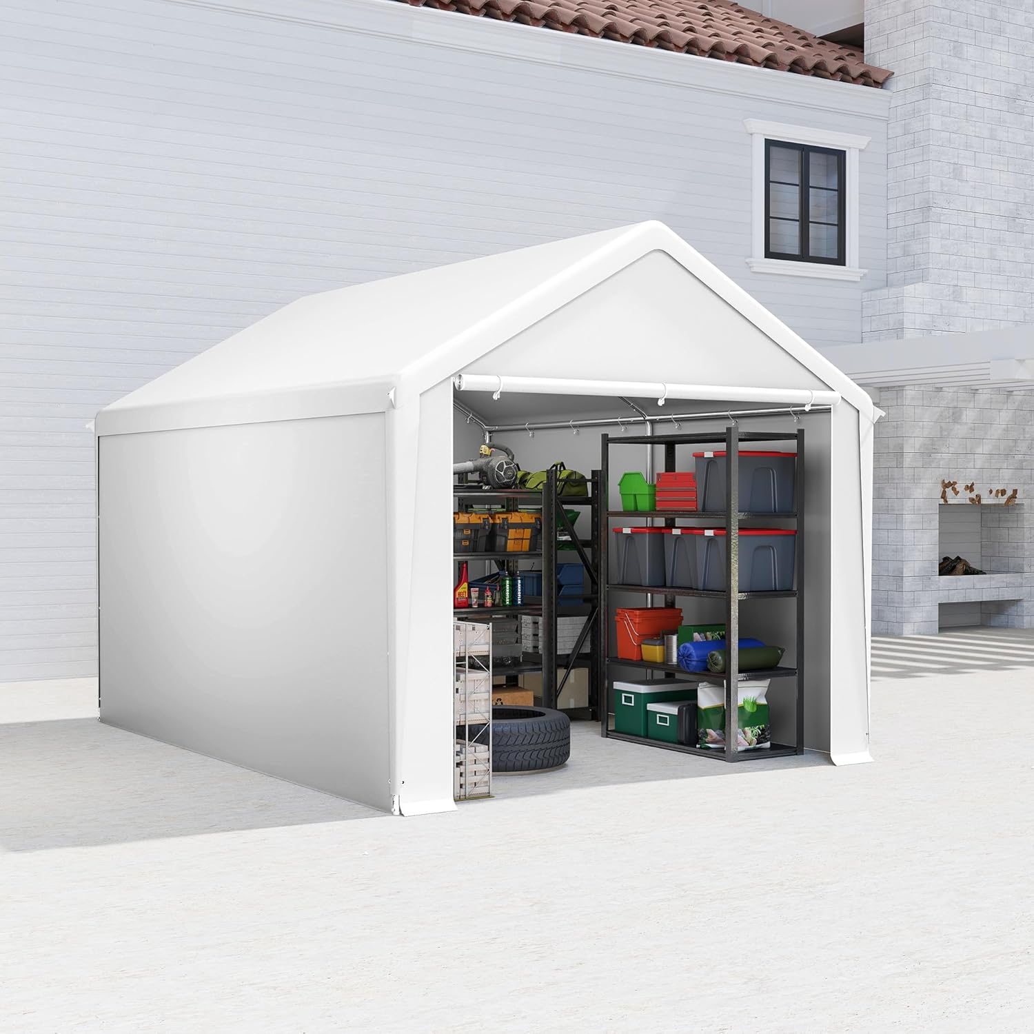 Aufun Carport Zeltgarage 3x4m, Wasserdichtes Lagerzelt mit PE-Dach, Reißenresistenter Garagenzelt mit abnehmbaren Seitenwänden, UV-beständig Winterfest Unterstand für Auto, SUV, LKW, Boot, Weiß