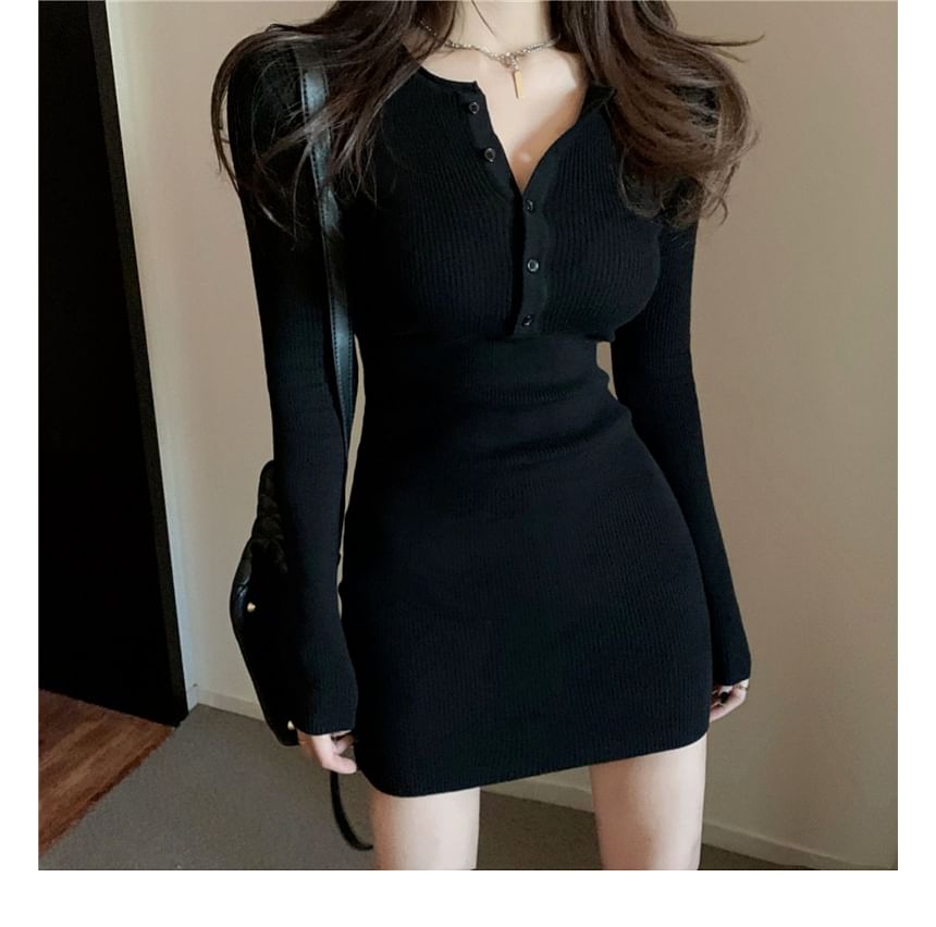 CRIBI - Lange mouwen Henley effen mini gebreide manteljurk