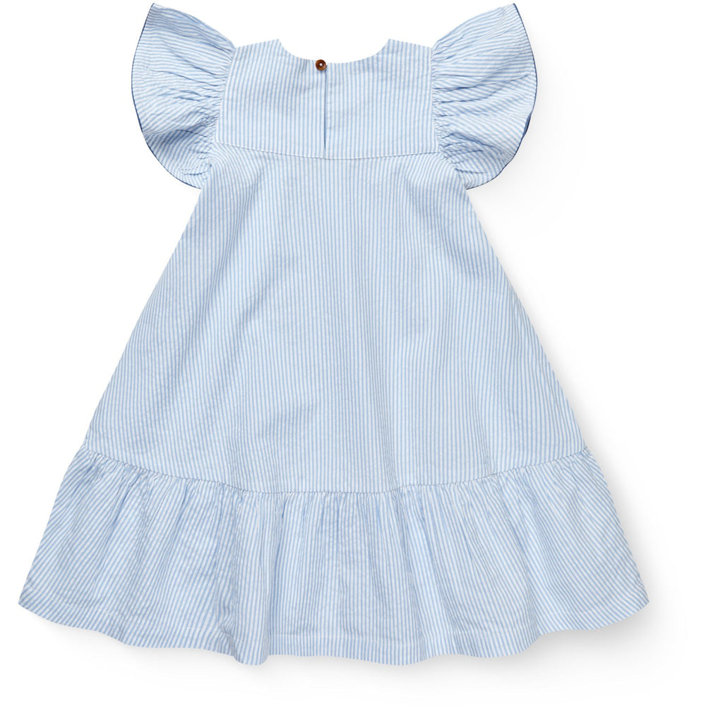Køb COPENHAGEN COLORS Sky Blue W Cream Stripe W Ocean Blue Seersucker Kjole W. Flæse Ærmer