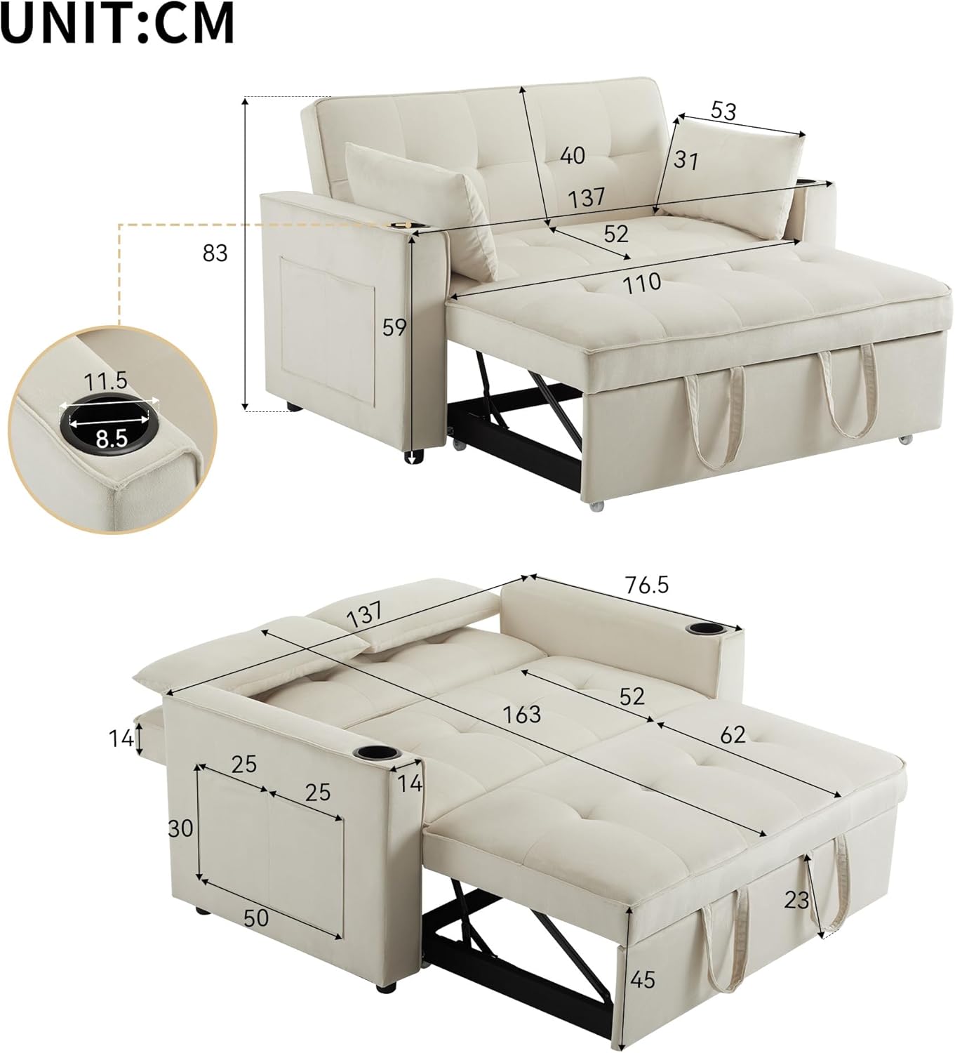 Merax Schlafsofa 2-Sitzer Sofa mit Schlaffunktion, Klappbares 3-in-1 Schlafcouch mit Verstellbarer Rückenlehne, Getränkehalter und Armlehnentaschen, aus Samt, Beige 137 x 76.5 x 83 cm