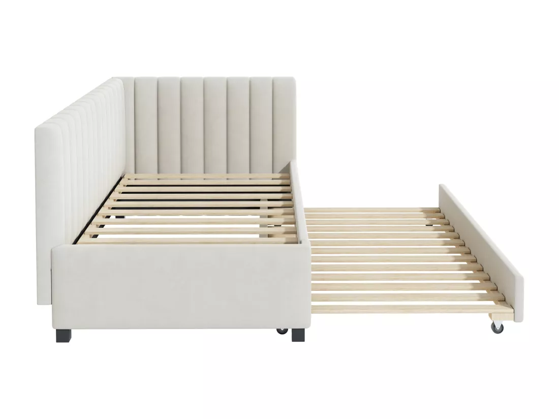 Canapé-lit extensible 90*200, Lit multifonctionnel avec sommier à lattes, Lit pour adolescent, Beige, Tissu velours