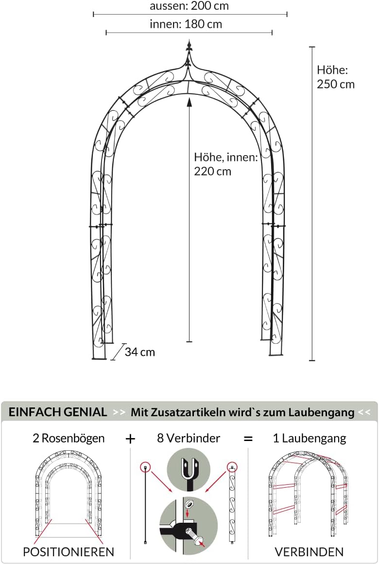 KUHEIGA Rosenbogen 10mm Massiveisen! Breite: 200cm Schwarz aus Metall