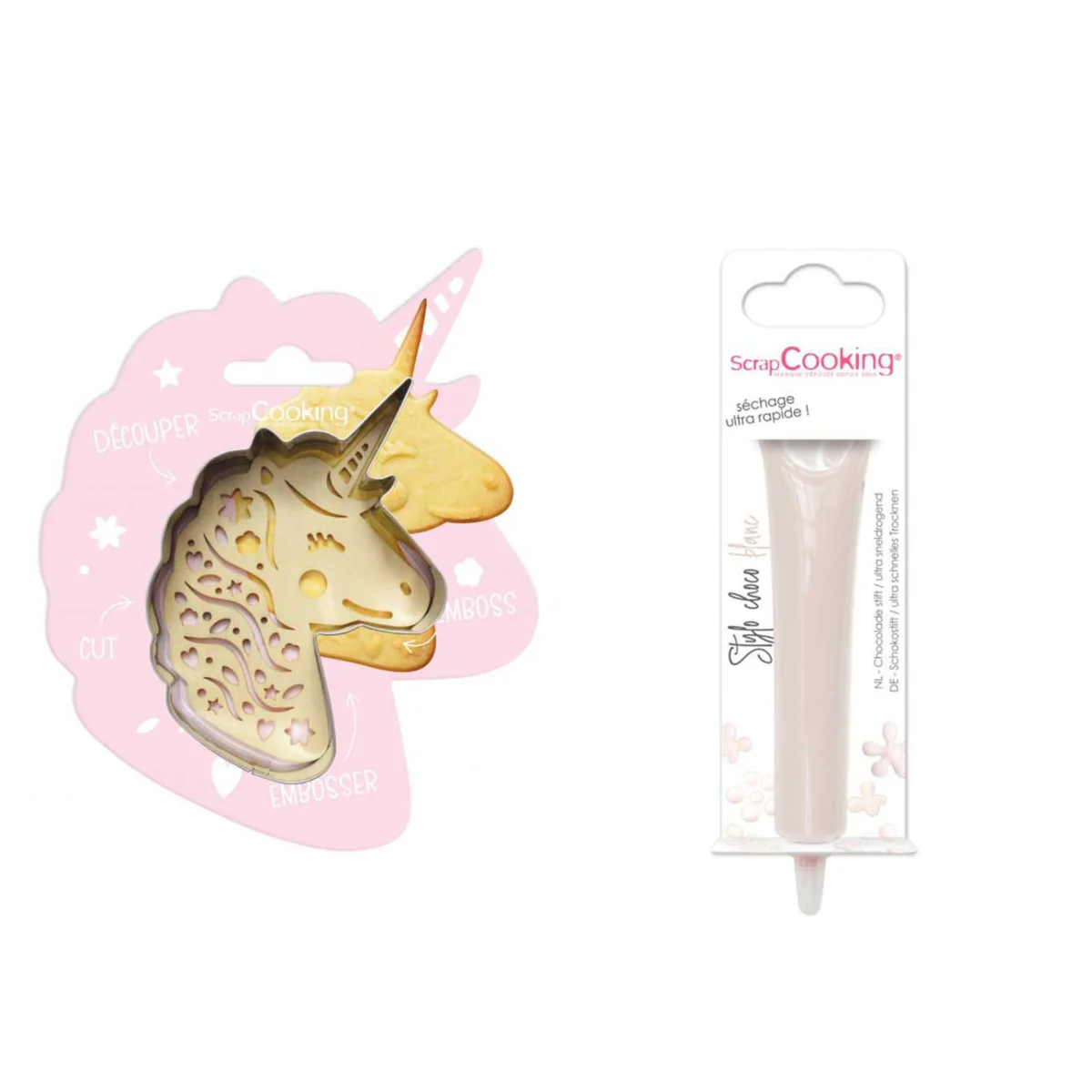 Kit pour biscuit en relief Licorne + Stylo au chocolat blanc Scrapcook