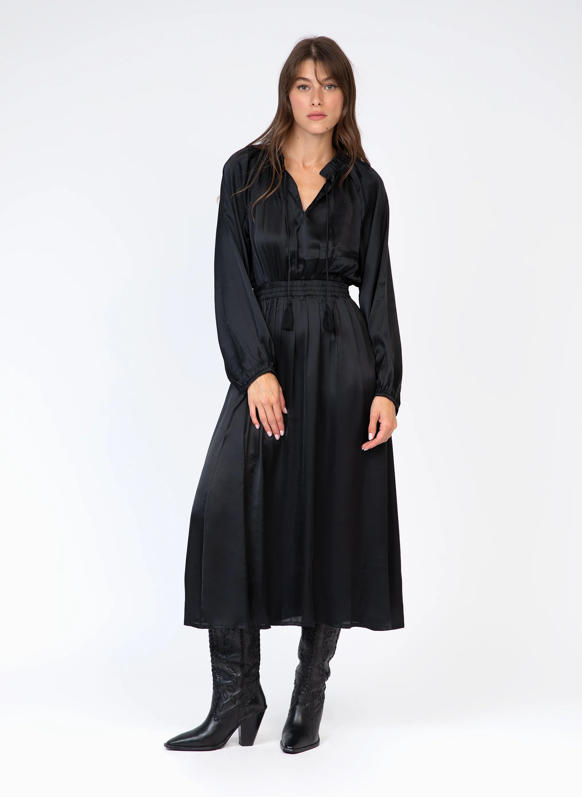 OXENCE - Robe midi col noué | Noir