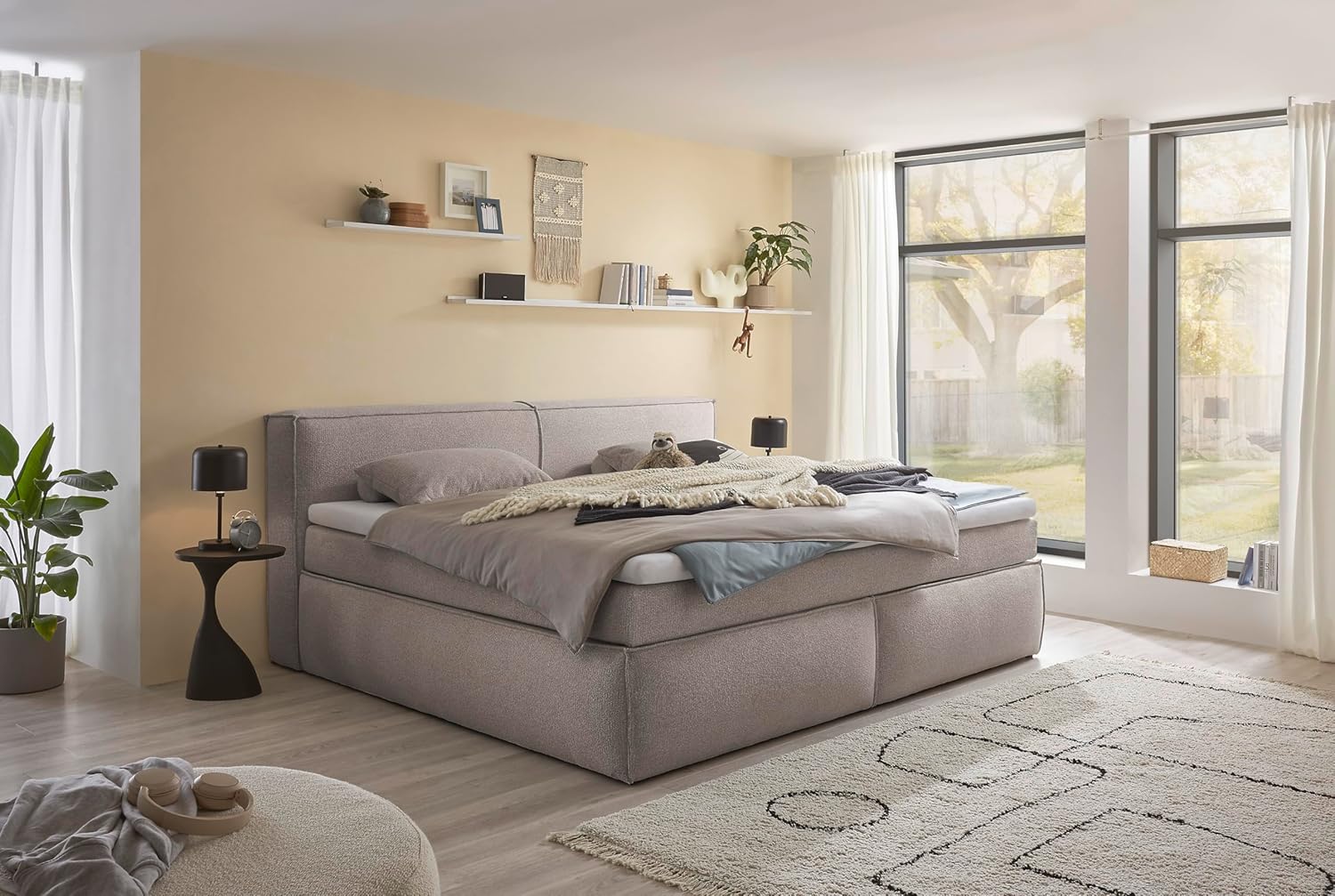 Boxspringbett Sandon Familienbett 240x200 in Stone – Duo-Wendematratze H3/H4 mit 7-Zonen-Tonnentaschenfederkern, 6 cm Topper & komfortable Liegehöhe 70 cm