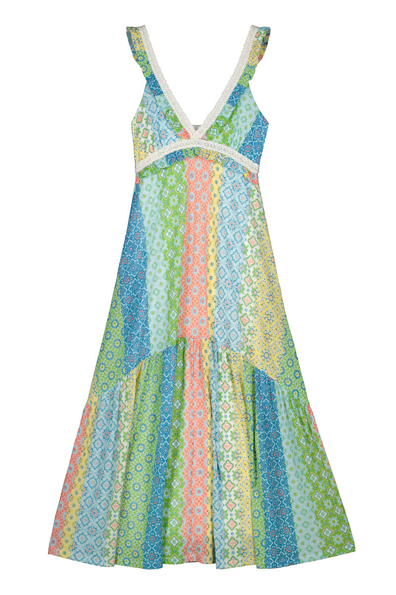 Vestido midi de renda patchwork - turquesa