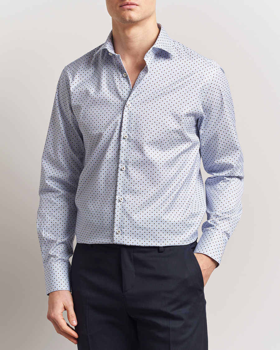 Stenströms Fitted Body Printed Cut Away Shirt Blue