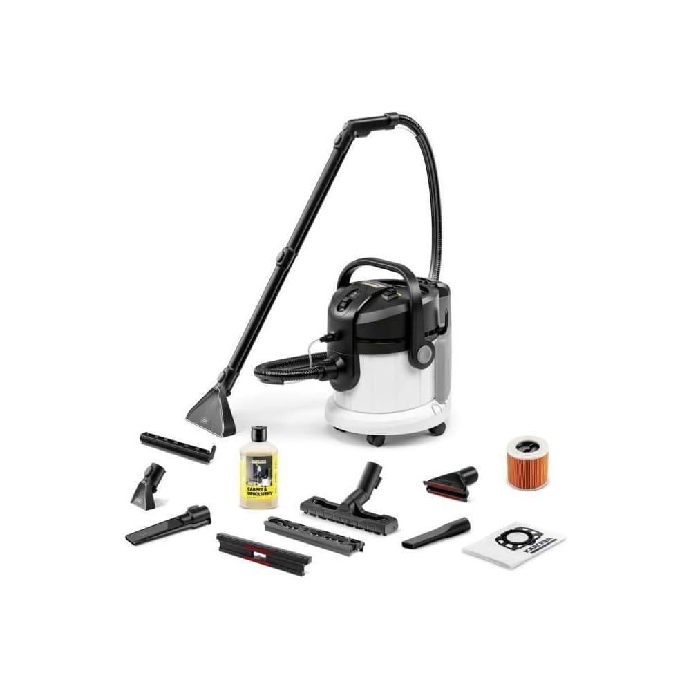 Kärcher Shampouineuse SE 4 Plus, Flexible d'Aspiration, Réservoirs Eau Fraîche/Eau Sale : 4 l, Suceurs de Lavage avec Embouts pour Sol Dur, Moquettes, Fauteuils, Fentes : Cuisine et Maison