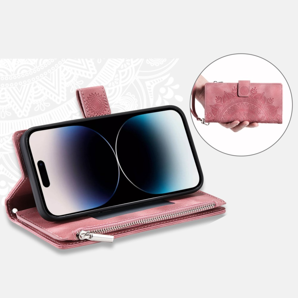 iPhone 16 Pro Max Leder Tasche Flip Cover mit Reissverschluss - Mandala Flowers Imprint - Rosa
