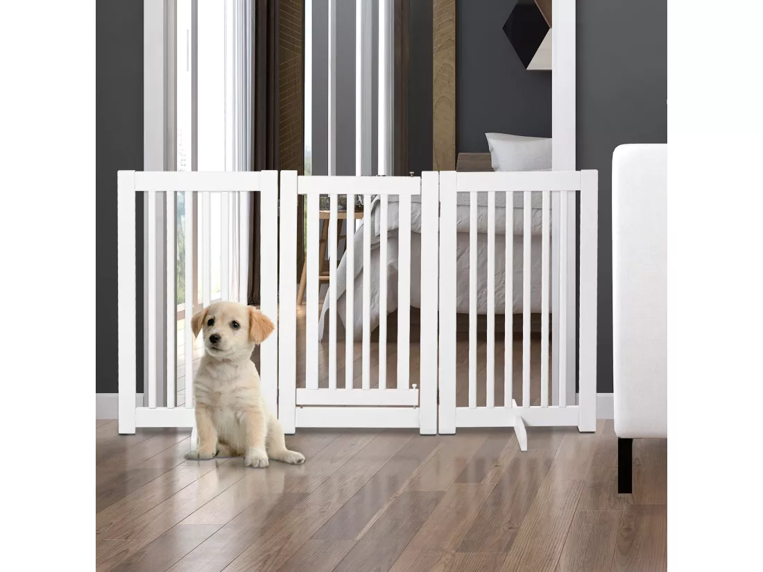 Barrière modulable pliable barrière de sécurité avec porte verrouillable intégrée dim. 155L x 35l x 76H cm MDF blanc