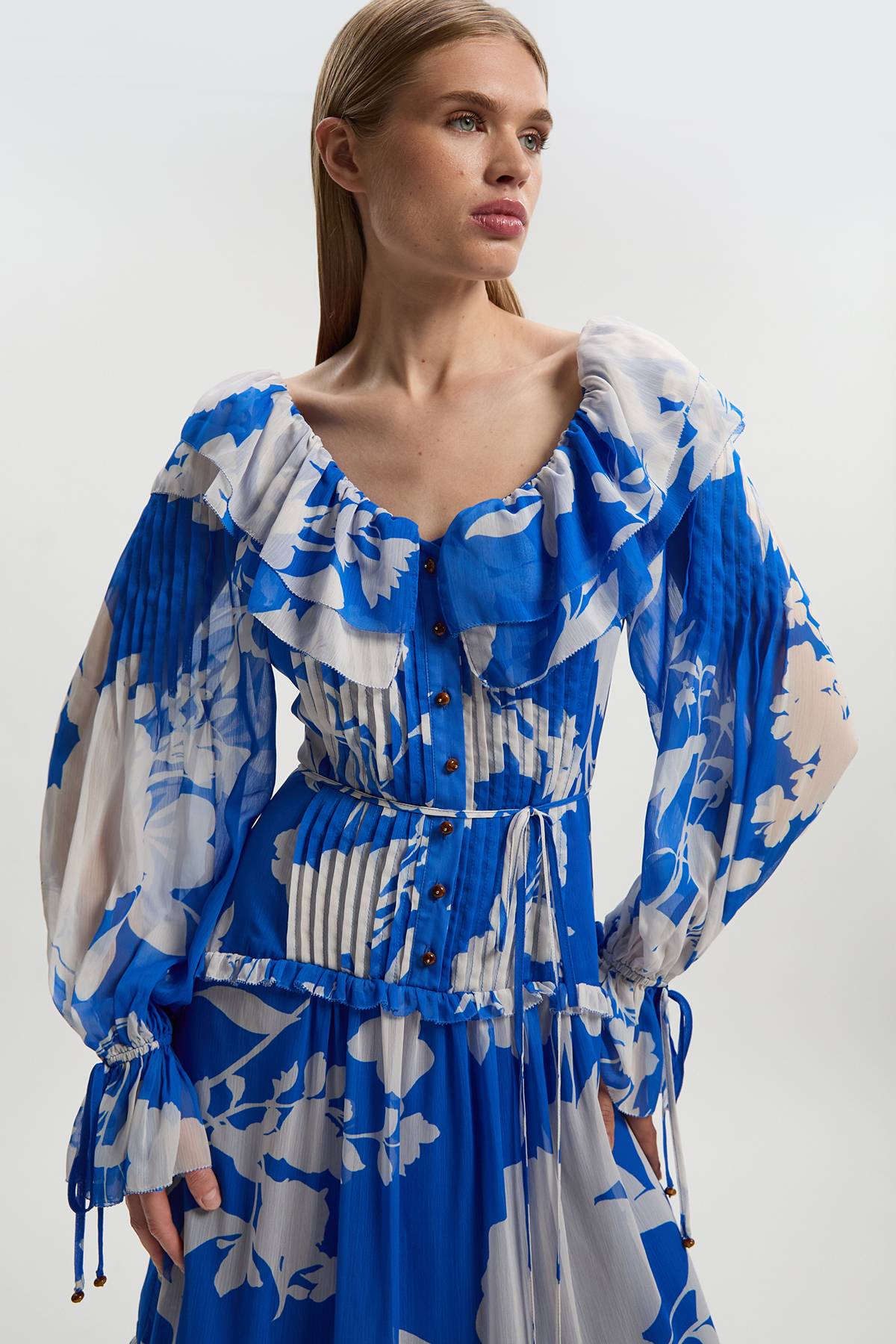 KarenMillen Robe Maxi Tissée en Georgette Imprimée à Volants