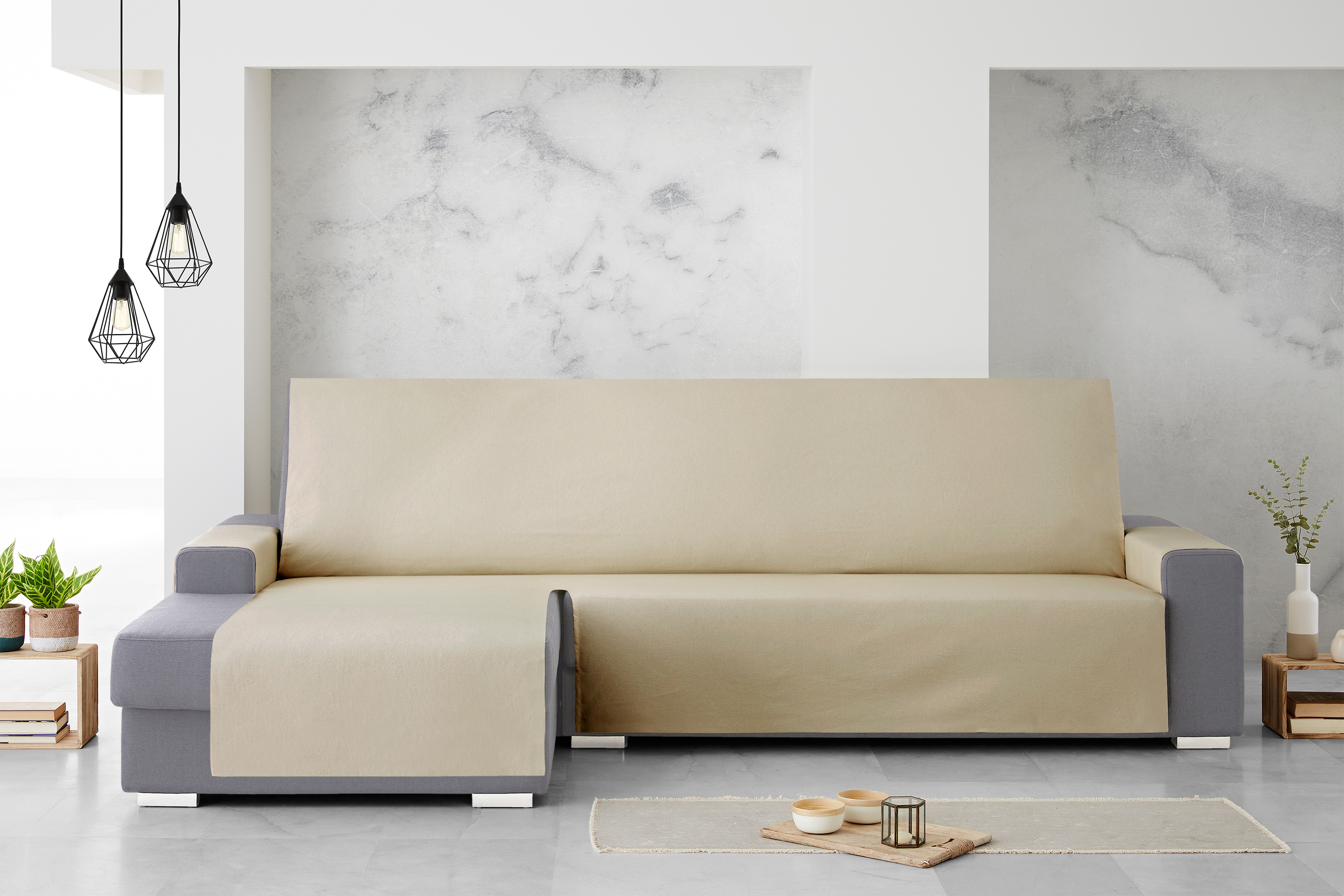 Capa protetora para sofá chaise longue esquerdo Extra Royale 290 cm. Cor linho.