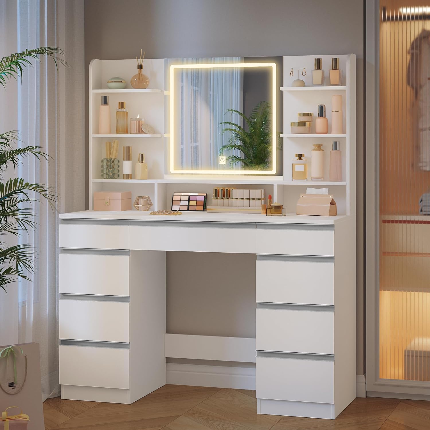 Hzuaneri Große Schminktisch mit LED-Beleuchtung, 3 Farben, Helligkeitsregulierung, Schminktisch mit Spiegel, 9 Schubladen, 9 offenen Ablagen, Moderner Stil, Weiß-Silber DT41903W