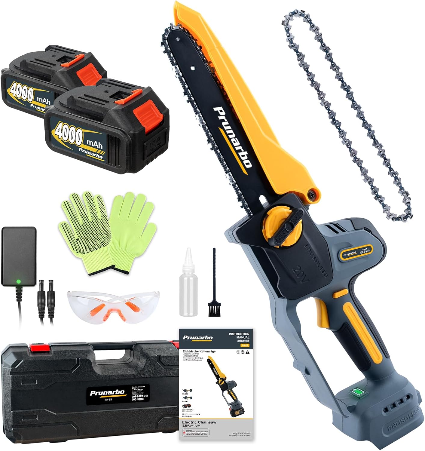 Akku-Kettensäge Elektrisch 8-Zoll 2x 4.0Ah, Kabellos & 900W Brushless - Perfekt für Gartenschnitt, Holzbearbeitung & Heimwerken (PR-E8)
