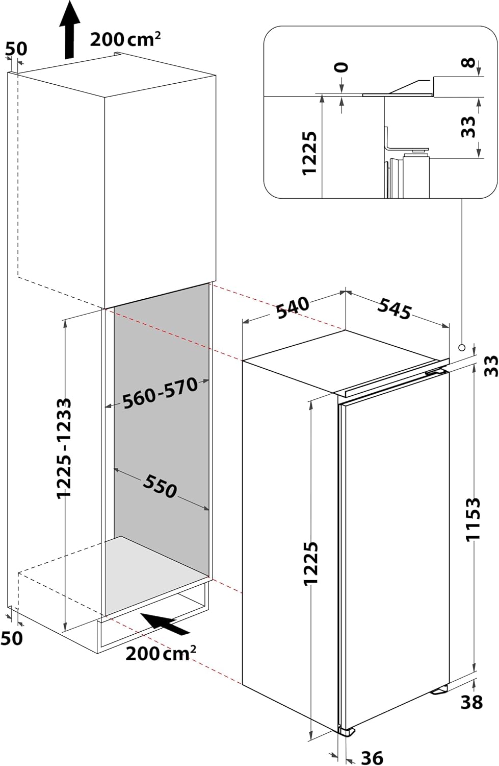 Privileg Einbau-Kühlschrank PRC 12VF2E, Energieeffizienzklasse: E, Nische 122, Elektronische Temperaturregelung, LED-Beleuchtung, Sicherheitsglas
