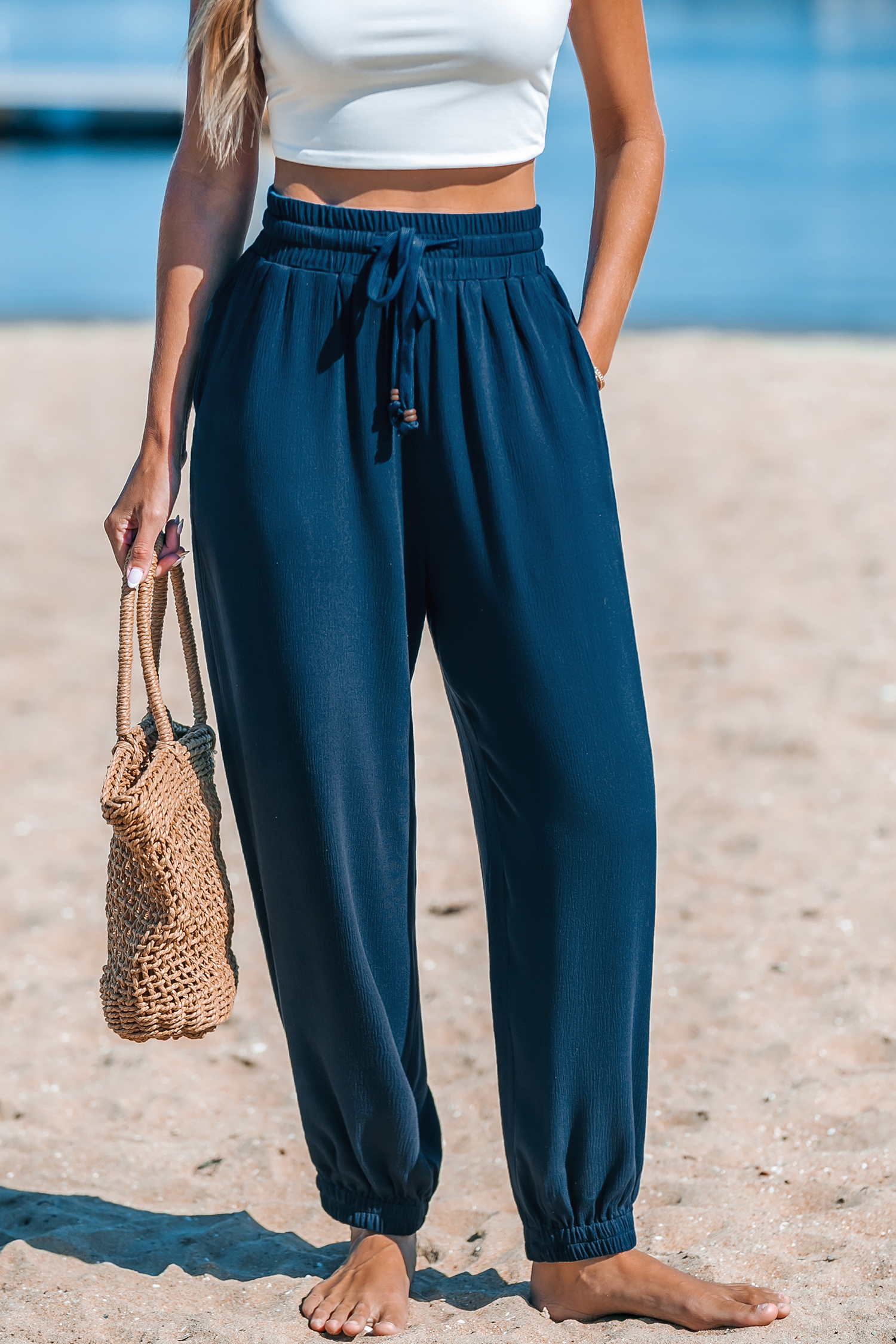 Pantalon avec taille à cordon et jambe trapèze bleu marine