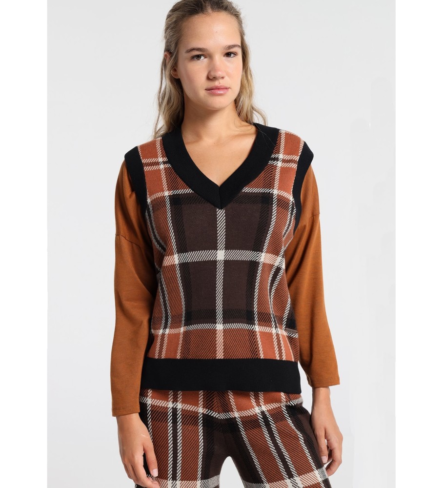 Colete Lois em jacquard xadrez laranja
